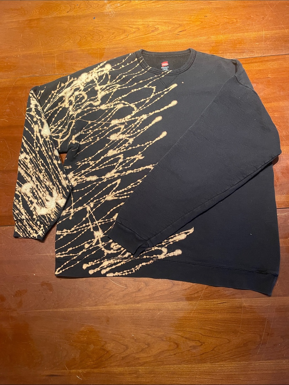 Hanes Black Crewneck Sweatshirt with Beige Bleach-Splatter